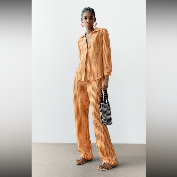 ZARA SET Trousers Geometric Printed Orange π - Picture 1 of 7